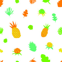 Seamless pattern with tropical leaves and pineapples on a white background. Colorful summer illustration for design, textiles, fabrics, patterns, wallpaper, background, banners, templates 