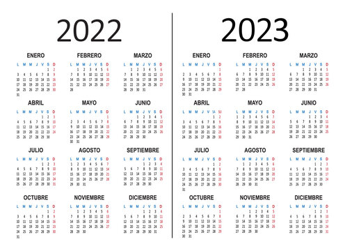 Spanish yearly calendar 2022 2023. Week starts on Monday. Vector illustration