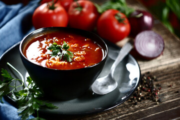 Tomato cabbage soup. Selective focus