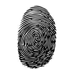 Vector finger print. Fingerprint id icon. Black thumb fingerprint isolated on white background. Touch security for screen display. Evidence at the crime scene. Police file of criminals. EPS10