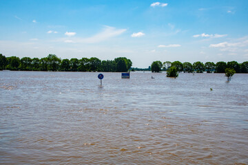 Flooded Dutch polder area next to a dike overgrown with grass. Flood in Limburg in July 2021.