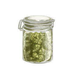 Glass jar with marijuana buds. Vintage vector hatching illustration