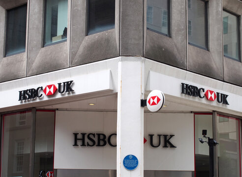 leeds, west yorkshire, united kingdom - 7 july 2021: sign and logo on the hsbc bank on park row in leeds city centre