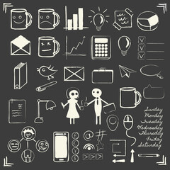 A set of accessories for school and office. A line art of stationery isolated on a black background. Illustration depicting mail, charts, office workers, icons, table lamp and other elements.