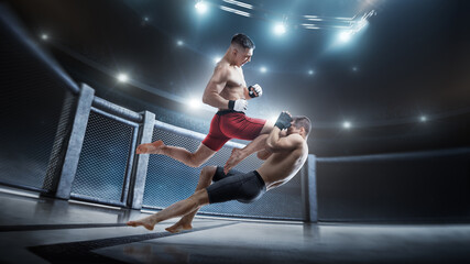 Fototapeta na wymiar MMA cage. Knee kick to the head. Two fighters are fighting in the octagon. Jump kick. Sport action concept. 3D