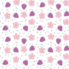 Strawberries, flowers and drops  seamless pattern. Design for T-shirt, textile and prints. Hand drawn illustration for decor and design.