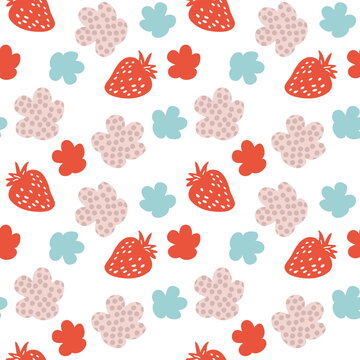 Orange strawberries and spotted flowers summer seamless pattern. Design for T-shirt, textile and prints. Hand drawn illustration for decor and design. © Anna