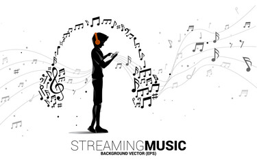Vector silhouette man with mobile phone and headphone from music melody note dancing flow . Concept background for song and concert theme.