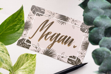 A handwritten greeting card with the name "Megan" on it.
