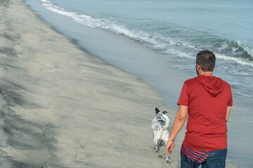 Man walking a dog in the morning on the beach