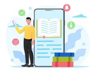 E-book Store concept. A man buys an electronic version of the book and downloads it to his phone. Modern technologies. Online library. Cartoon flat vector illustration isolated on a white background