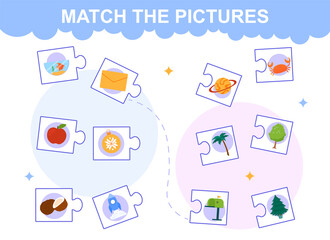 Match the pictures. An educational logic game for young children. Puzzles with the same meaning of the pictures. Cartoon flat vector illustration on a white background. For websites and for printing