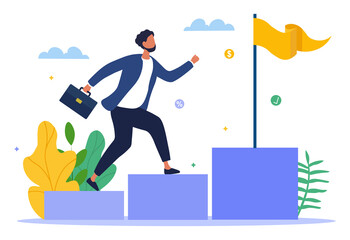 Financial success concept. Man with a briefcase in his hands runs up the stairs to the goal. A metaphor for sales growth. A successful business. Cartoon flat vector illustration on a white background