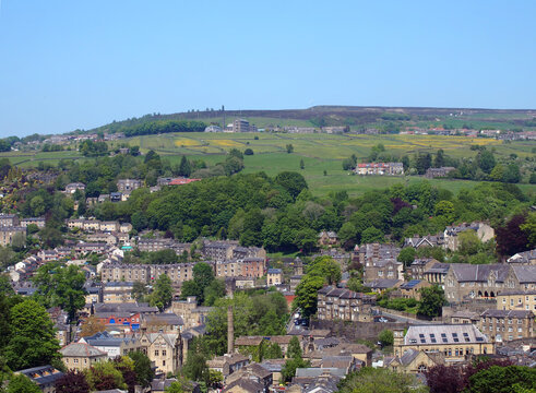 aerial view of the town of hebden bridge in west yorkshire in summer