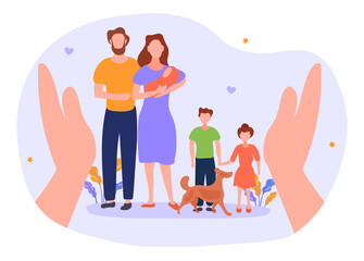 Happy family concept. A husband and wife with a baby, two small children and a dog. Love and mutual understanding. A faceless style. Cartoon flat vector illustration isolated on a white background