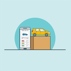 Illustration for buy online car with smartphone concept. Design vector with flat style
