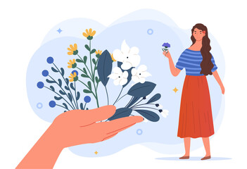 Obraz premium Herbal medicine concept. A large hand holds out various medicinal plants to the girl. Traditional medicine and homeopathy. Cartoon modern flat vector illustration isolated on a white background
