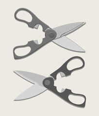 Kitchen scissors in two versions isolated on beige background. Vector illustration