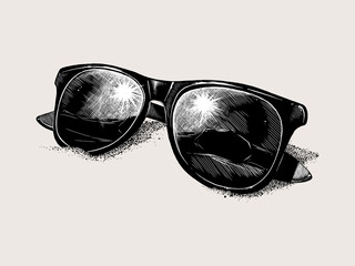 Hand-drawn sketch sunglasses on the sand isolated on beige background. Vintage style. Vector illustration for posters and print