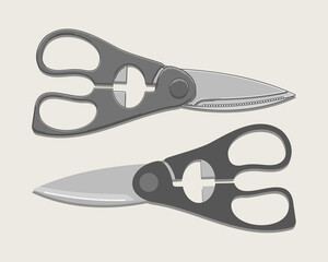 Kitchen scissors in two versions isolated on beige background. Vector illustration