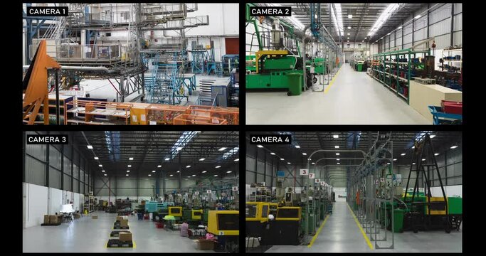 Composite of views from four security cameras in different areas at a factory