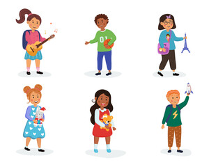 Kids in kindergarten play with their favorite toys. Boys and girls with a guitar, a rocket, a ball, a teddy bear. Happy children. Cartoon modern flat vector set isolated on a white background