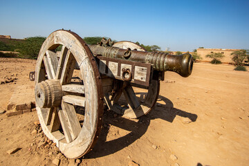 Bahawalpur, Punjab, Pakistan. December 29, 2017. Cannon for the defense at fort.