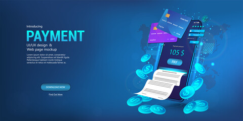 Online financial management, investments, wallet, bill payments, money transfers via smartphone. Credit card and money on the internet. Online shopping, investment in cryptocurrency, cashback. Vector