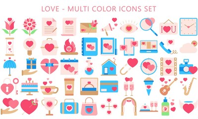 Multi-color Love icons set, modern minimalist pictograms for mobile UI or UX kit, infographics and web sites. include romantic heart, cupid, flower, couple and others. EPS 10 ready convert to SVG.