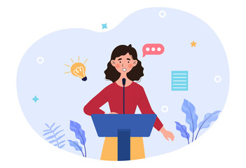Obraz na płótnie Canvas Professional speaker concept. A woman stands behind the podium and gives her speech to the audience. The presenter s speech in front of a large number of people. Cartoon flat vector illustration