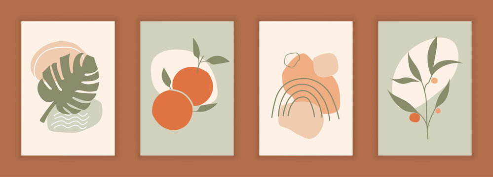 Collection of contemporary art posters in pastel colors. A set of images with leaves, tangerines, geometric shapes and berries. Collage for printing and for websites. Minimalistic vector illustrations