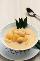 Kolak Pisang Ubi or Banana and Sweet Potato Compote is Popular Indonesian Dessert made from Banana Sweet Potato Cooked with Coconut Milk, Palm Sugar, and Pandan Leaves. Popular during Ramadan