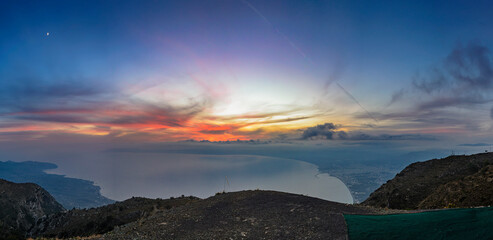 Fototapeta premium Aerial view of Kalamata city, Greece at sunset. Kalamata is one of the most beautiful cities in Greece and a popular tourist destination