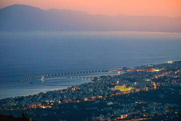 Aerial view of Kalamata city, Greece at sunset. Kalamata is one of the most beautiful cities in Greece and a popular tourist destination