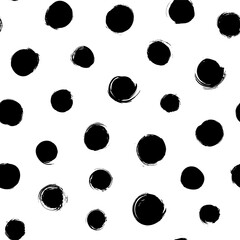 Circle brushstrokes and rounded shapes vector seamless pattern. Polka dot grunge ornament. Hand drawn abstract ink background. Smears, circles, dots, splotches, blobs. Wallpaper design, textile print