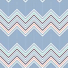 Striped Chevron Seamless Pattern. Vector Abstract Zigzag Colorful Wallpaper. Blue and Pink Pastel colors on White Background.