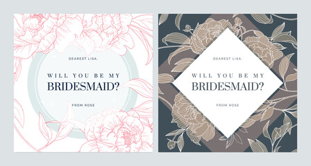Floral bridesmaid invitation card template design, peony flower illustration, bright and dark theme - obrazy, fototapety, plakaty