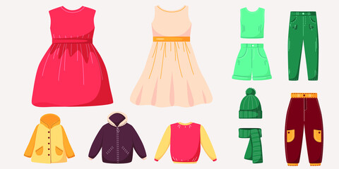 Collection of childrens clothing. Childrens seasonal clothes. Vector illustration
