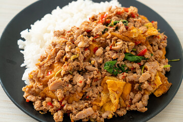 stir-fried minced pork with basil and egg topped on rice