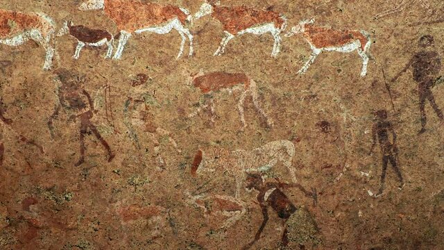 Ancient prehistoric cave painting known as the White Lady of Brandberg dating back at least 2000 years and located at the foot of Brandberg Mountain in Damaraland, Namibia, Africa.