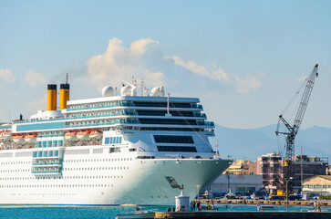 Modern Cruise ship anchored in the port of Kalamata city, Messenia, Greece