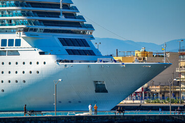 Modern Cruise ship Cruise ship leaving the port of Kalamata city, Messenia, Greece.