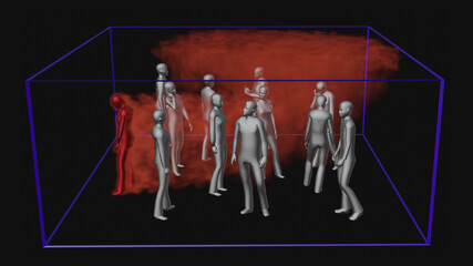 Air flow around people in confined room . Air currents flowing around crowd in closed space . Superspreader , odor  , germs , virus spread. Scent molecules emitted from human .3d illustration render