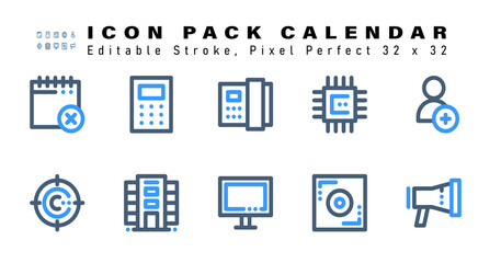 Icon Set of Calendar Two Color Icons. Contains such Icons as Follower, Follower, Office, Television etc. Editable Stroke. 32 x 32 Pixel Perfect