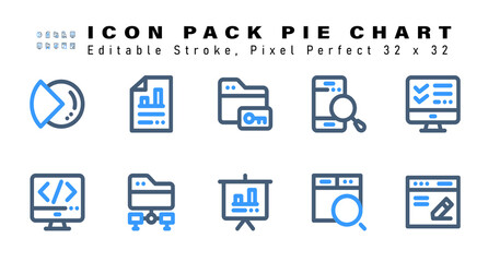 Icon Set of Pie Chart Two Color Icons. Contains such Icons as Online Checklist, Code, Network Folder, Graph Presentation etc. Editable Stroke. 32 x 32 Pixel Perfect