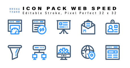 Icon Set of Web Speed Two Color Icons. Contains such Icons as Business Contact, Filter, Hierarchy, Screen Setting etc. Editable Stroke. 32 x 32 Pixel Perfect
