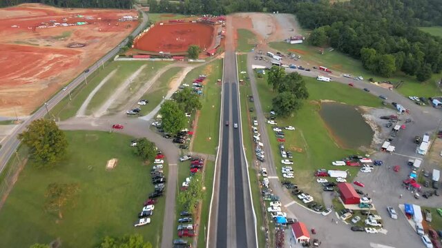 Aerial Overhead Of Drag Race From Start To Finish