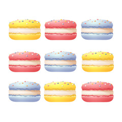 Set of colorful macaroons vector templates traditional French desserts with white cream and sprinkles 