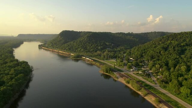 Aerial scenic view of Mississippi river, bluffs at sunset. Minnesota Wisconsin border 