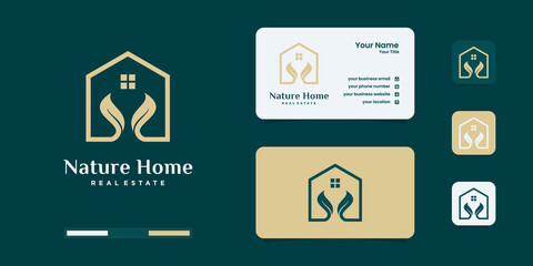 Fototapeta na wymiar Minimalist home real estate and leaf nature logo design templates 
